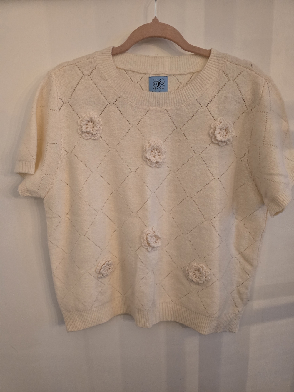 CeCe Cream Short-Sleeve Crochet Flower Knit Sweater